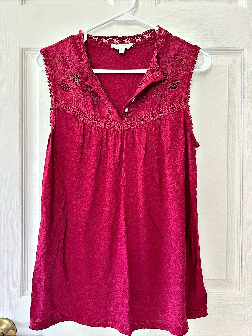 Lucky Brand Crochet Trim Henley Tank Pink Medium